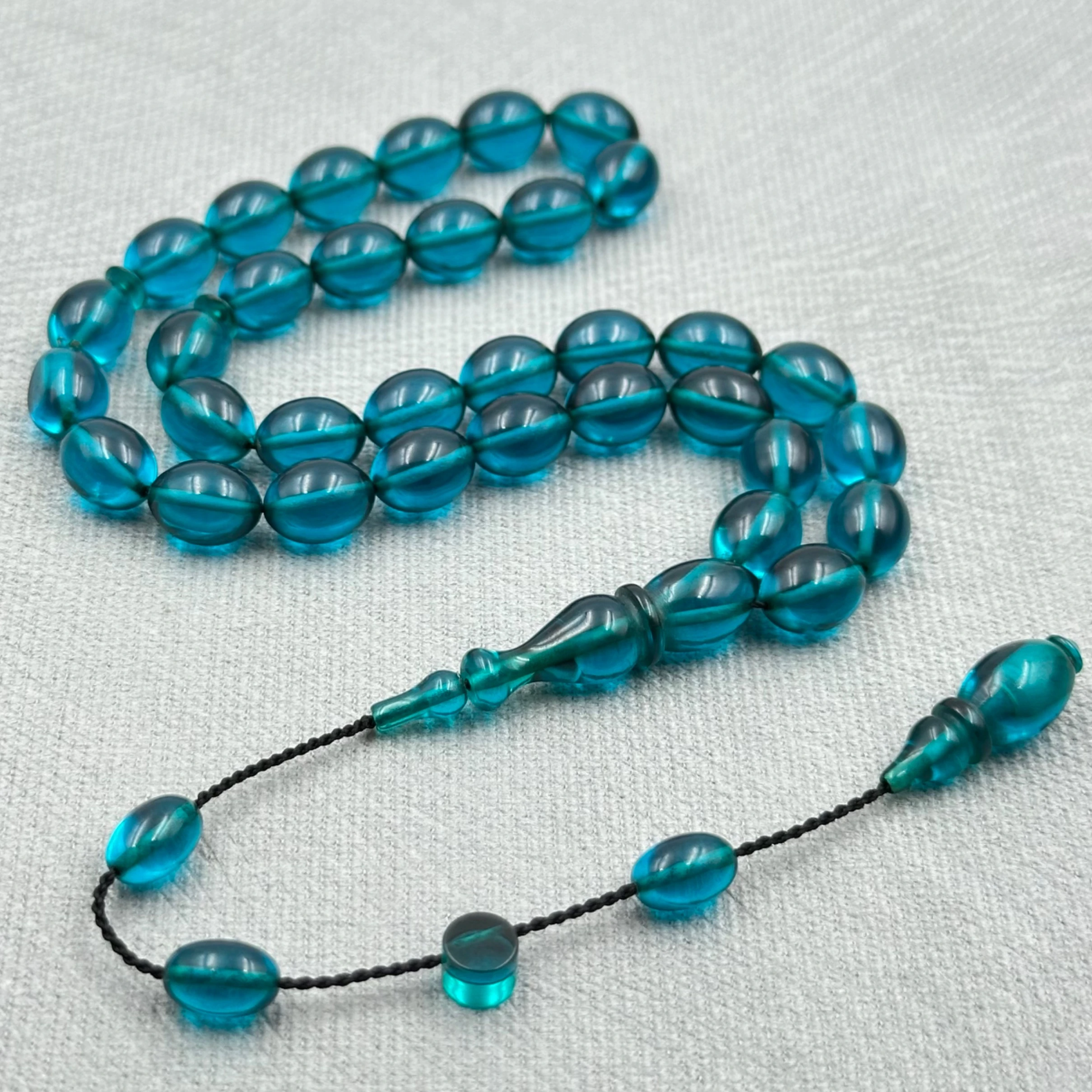 Ayhan TURAN Usta İmzalı Derin Okyanus Mavisi Özel Döküm Ateş Kehribar Tespih